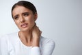 Pain In Neck. Beautiful Woman Having Painful Feeling, Body Pain Royalty Free Stock Photo