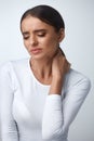 Pain In Neck. Beautiful Woman Having Painful Feeling, Body Pain Royalty Free Stock Photo