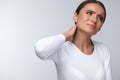 Pain In Neck. Beautiful Woman Having Painful Feeling, Body Pain Royalty Free Stock Photo