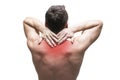 Pain in the neck. Man with backache. Muscular male body. Isolated on white background Royalty Free Stock Photo