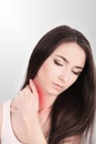 Pain In Neck Portrait Of Beautiful Young Woman Suffering From Body Pain. Attractive Female Feeling Tired, Exhausted, Stressed, Hol Royalty Free Stock Photo