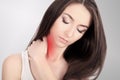 Pain In Neck Portrait Of Beautiful Young Woman Suffering From Body Pain. Attractive Female Feeling Tired, Exhausted, Stressed, Hol Royalty Free Stock Photo