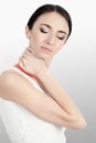 Pain In Neck Portrait Of Beautiful Young Woman Suffering From Body Pain. Attractive Female Feeling Tired, Exhausted, Stressed, Hol Royalty Free Stock Photo