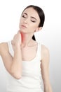 Pain In Neck Portrait Of Beautiful Young Woman Suffering From Body Pain. Attractive Female Feeling Tired, Exhausted, Stressed, Hol Royalty Free Stock Photo