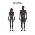 Pain points on male and female body. Silhouette of man and woman with red points of ache in body. Vector