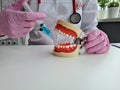 Pain relieving tooth injections. Injection of anesthetic into gum and anesthesia for tooth treatment
