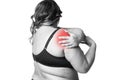 Pain in shoulder, care of female hands, ache in woman`s body Royalty Free Stock Photo