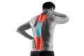 Pain in the spine, man with backache, sciatica and scoliosis isolated on white background, chiropractor treatment concept