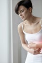 Pain In Stomach. Beautiful Woman Feeling Abdominal Pain. Health Royalty Free Stock Photo