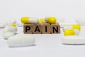 Pain text, pills / capsules on white background