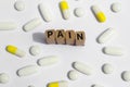 Pain text, pills / capsules on white background Royalty Free Stock Photo