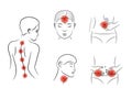 Pain vector set. Body aches in different parts Royalty Free Stock Photo