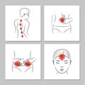 Pain vector set. Medical posters with body aches in different parts Royalty Free Stock Photo