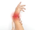 Pain in wrist joint of Asian young man. Concept of hand pain, rheumatoid arthritis and arm problems Royalty Free Stock Photo