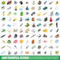 100 painful icons set, isometric 3d style Royalty Free Stock Photo