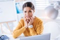 Young woman trying to smile while having awful toothache Royalty Free Stock Photo