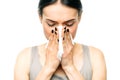 Painful woman with runny nose, snot or flu