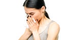 Painful woman with runny nose, snot or flu