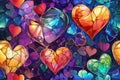 Paining different colorful hearts set. Hand drawn. Generative AI