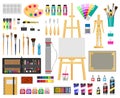 Paint art tools. Artistic supplies, painting and drawing materials, brushes, paints, easel, creative art tools vector Royalty Free Stock Photo