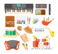 Paint arts tool kit, design artists supplies and classical musical instruments