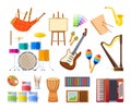 Paint arts tool kit, design artists supplies and classical musical instruments