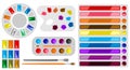 Paint arts tool kit. Watercolor painting design artists supplies, draw materials. Painter art tools