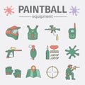 Paint-ball equipment. Colored icons set on white background. Modern flat design.