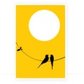 Birds on wire at sunset, vector. Minimalist poster design. Birds silhouettes isolated on white background