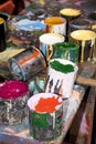 Paint bottles, brushes and paint cans Royalty Free Stock Photo