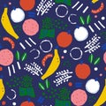 Paint brush doodle banana, apple and abstract shape illustration motif seamless repeat pattern digital file pattern artwork fashi