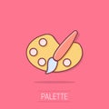 Paint brush icon in comic style. Palette cartoon vector illustration on isolated background. Painter instrument splash effect