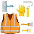 Paint brush. Yellow construction vest and glove