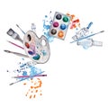 Paint and brushes composition with artist pallete, handprint and colorful splatter. Watercolor illustration isolated on white Royalty Free Stock Photo