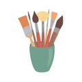 Paint brushes in cup. Cartoon style design element for artist workplaceeinterior, school class, desk top