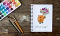 Notebook with watercolor bear and flower bouquet