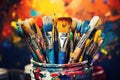 Paint brushes and paints in a jar on a colorful background, Colorful artist brushes and paint, AI Generated