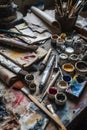 Paint brushes and paints on a table in an artist\'s studio Royalty Free Stock Photo