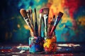 Paint brushes and palette with colorful paints on a grunge background, Colorful artist brushes and paint, AI Generated Royalty Free Stock Photo