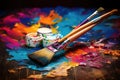 Paint brushes and palette with colorful paints on a wooden table, Colorful artist brushes and paint, AI Generated Royalty Free Stock Photo