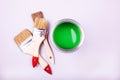 Paint brushes placed on top of can filled with green paint Royalty Free Stock Photo