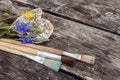 Paint brushes with wild flowers and bark heart on old wooden boa Royalty Free Stock Photo