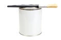 Paint can with blank white label and paintbrush isolated closeup Royalty Free Stock Photo