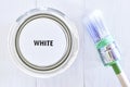 Paint can and brush with green on white Royalty Free Stock Photo