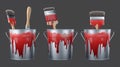 A paint can with brush, a red dripping bucket, a metal pot with dye for renovations, a metal pot isolated on a Royalty Free Stock Photo