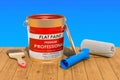 Paint Can with brushes on the wooden table, 3D rendering Royalty Free Stock Photo