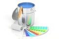 Paint can, palette and roller brush. 3D rendering Royalty Free Stock Photo