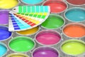 Paint cans background with pantone color palette guide. 3D rendering Royalty Free Stock Photo