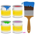 Paint cans and a brush. Paint bucket cans and a brush. Paint brush with blue paint. Vector illustration Royalty Free Stock Photo