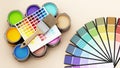 Paint cans, color guides and paintbrush. 3D illustration